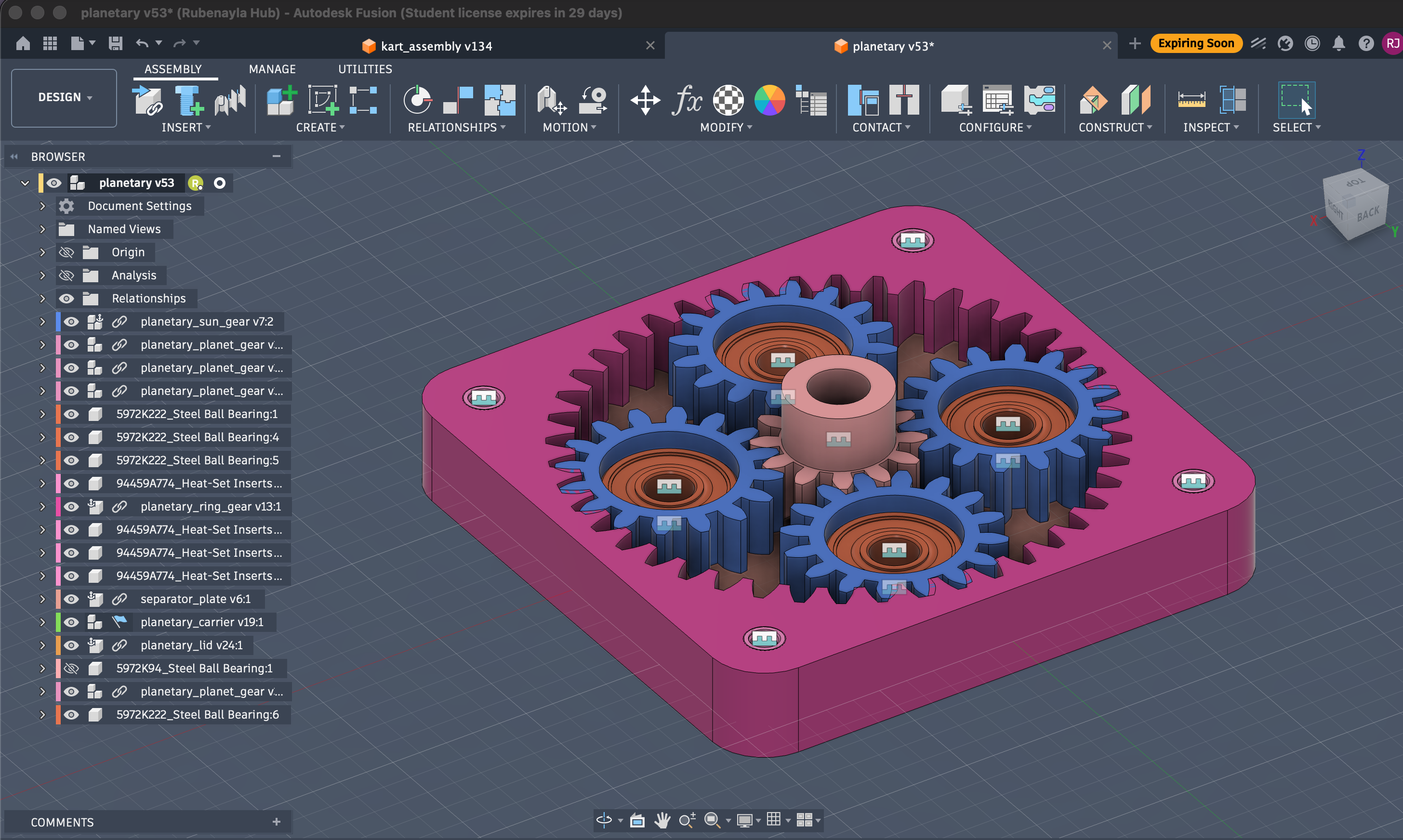 Current Option-A planetary in Fusion 360 — 12-tooth sun, 4 planets, 44-tooth ring