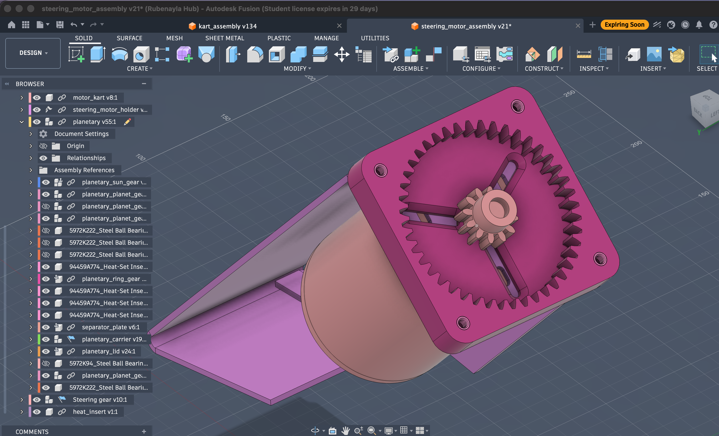 Steering actuator in Fusion 360 — motor, planetary reducer and mount