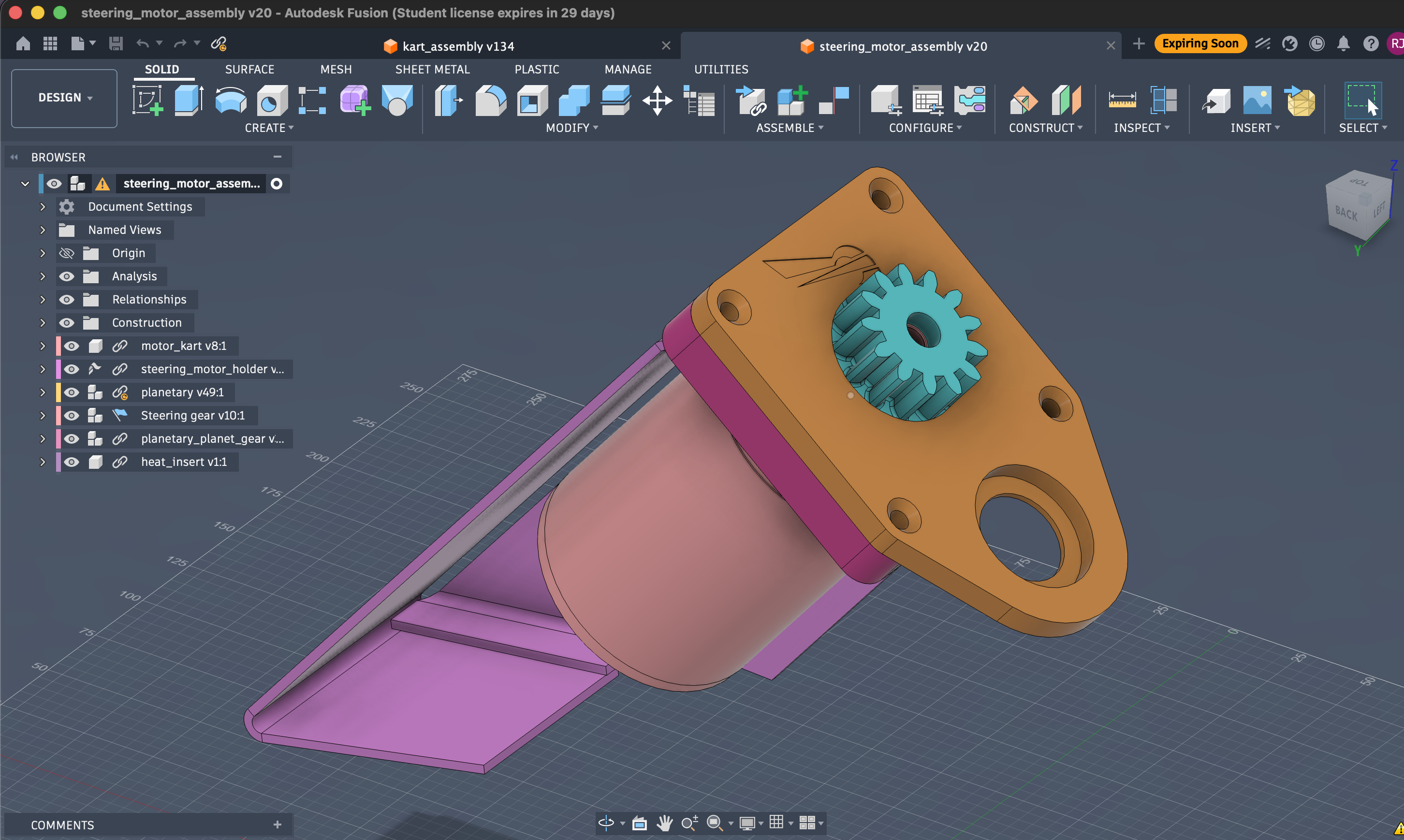 Motor mounted to the bracket in Fusion 360, sun gear on the shaft